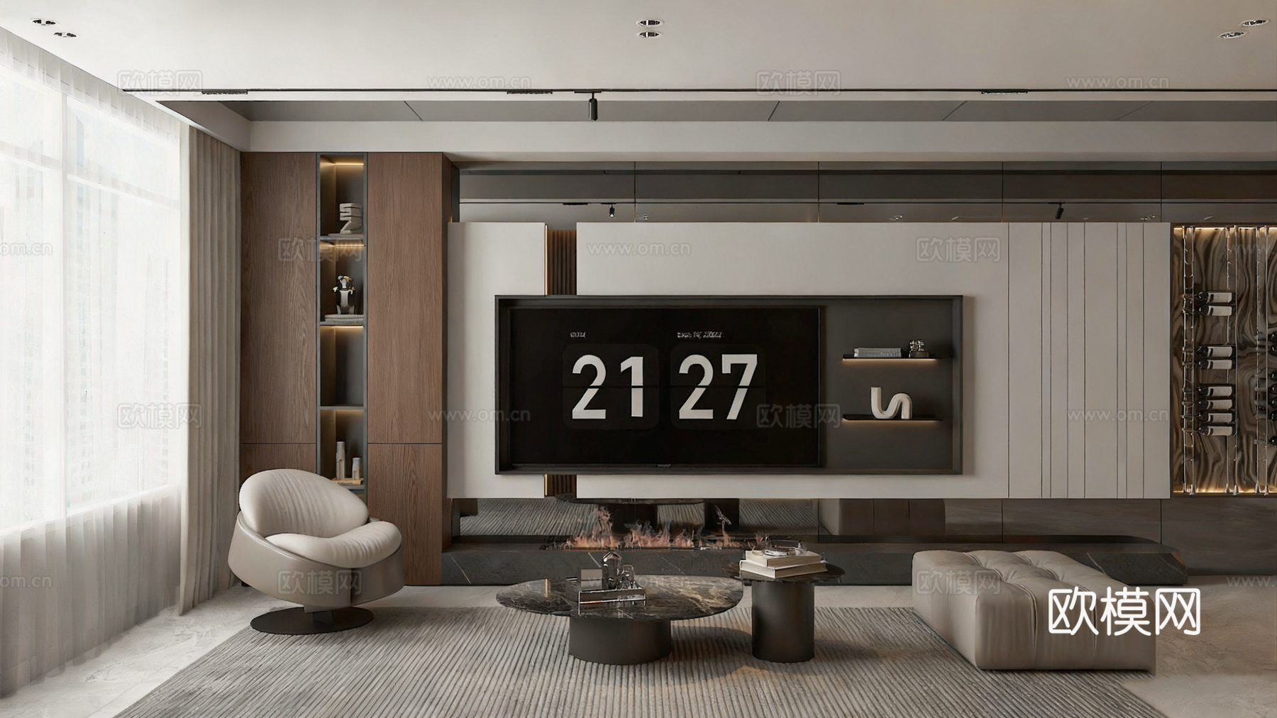 意式轻奢客餐厅 大平层豪宅客餐厅 客餐厨一体化 皮质沙发su模型