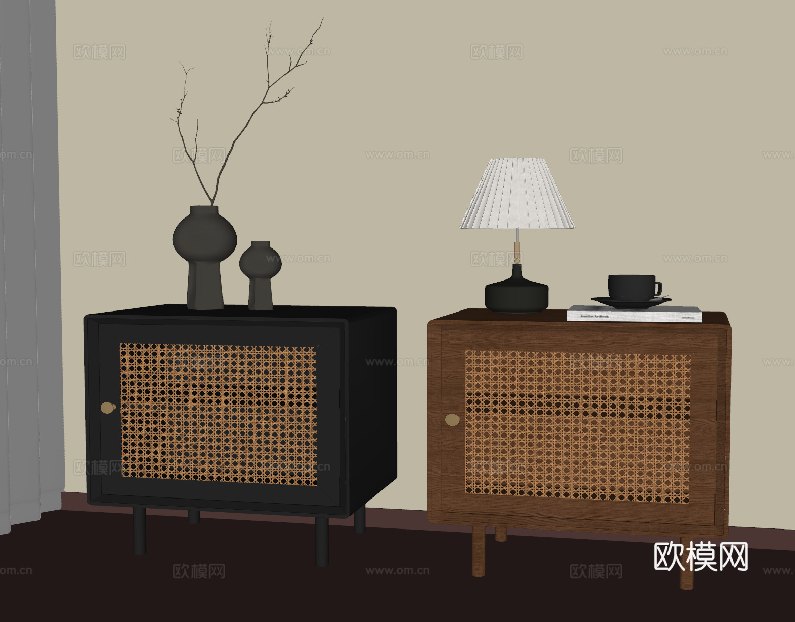 法式复古床头柜 中古床头柜 藤编床头柜su模型