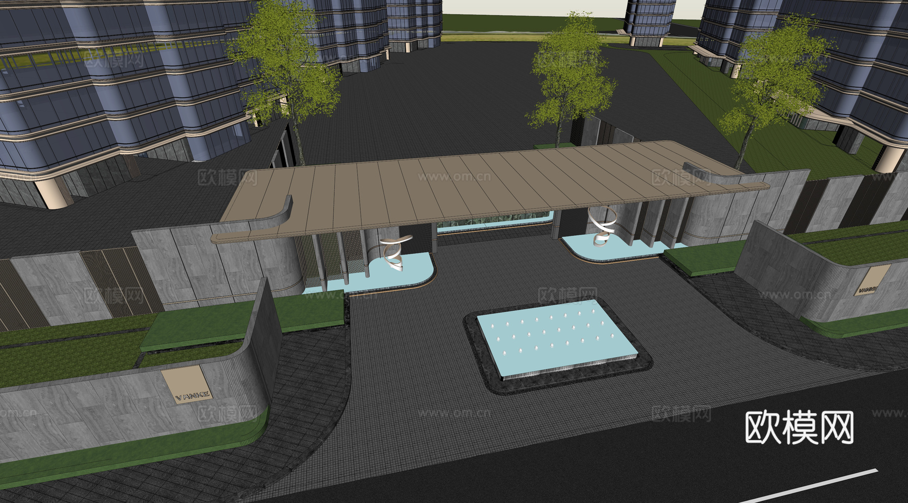 小区单元门入口 住宅楼大门入口 小区入户门 单元门花池树池su模型