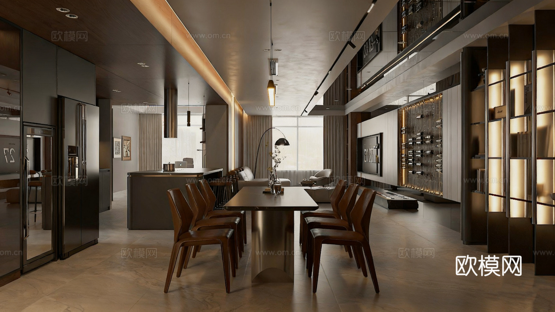 意式轻奢客餐厅 大平层豪宅客餐厅 客餐厨一体化 皮质沙发su模型