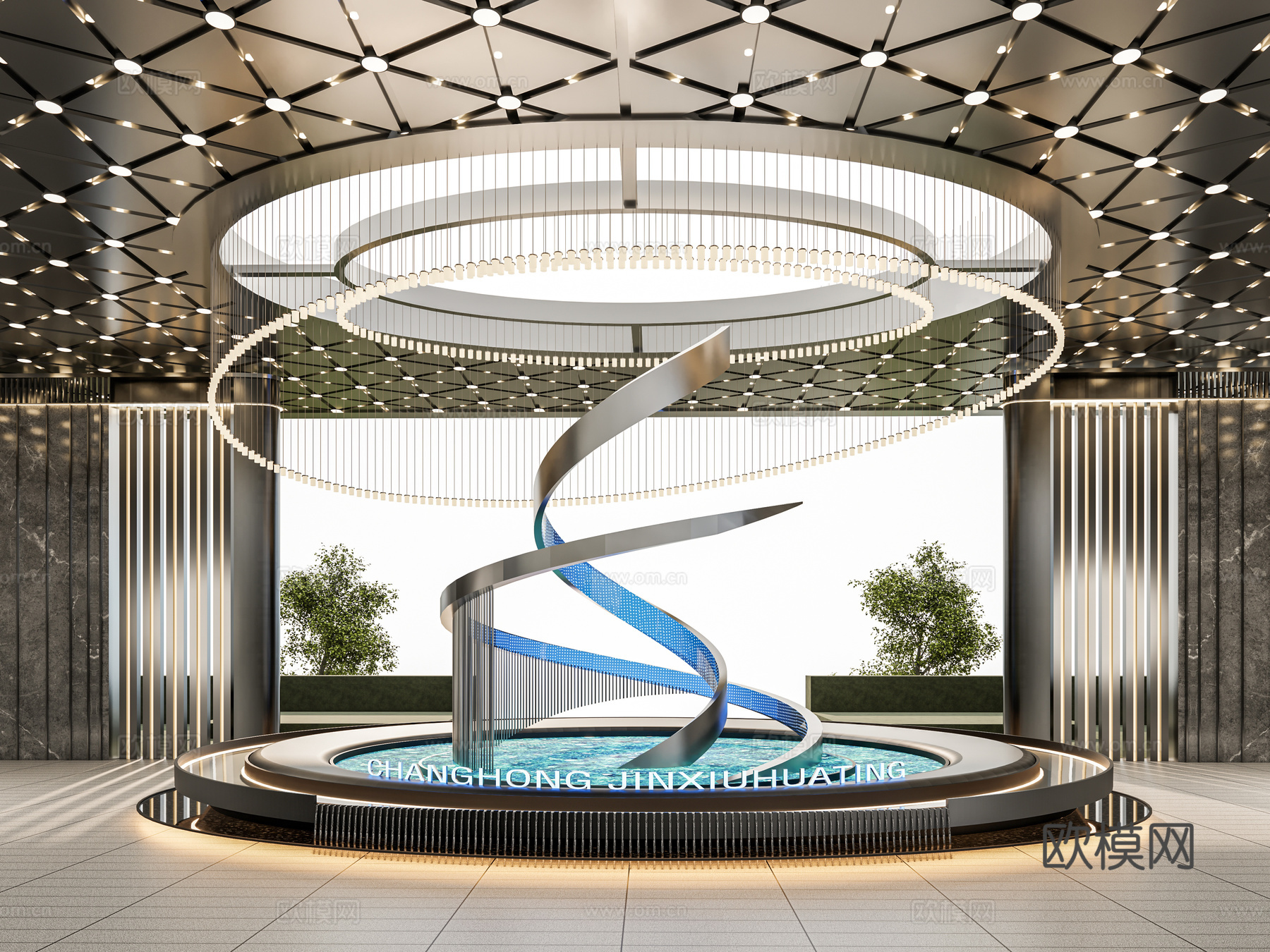 小区住宅大门入口 喷泉水景 异形吊灯 金属雕塑 售楼处景观su模型