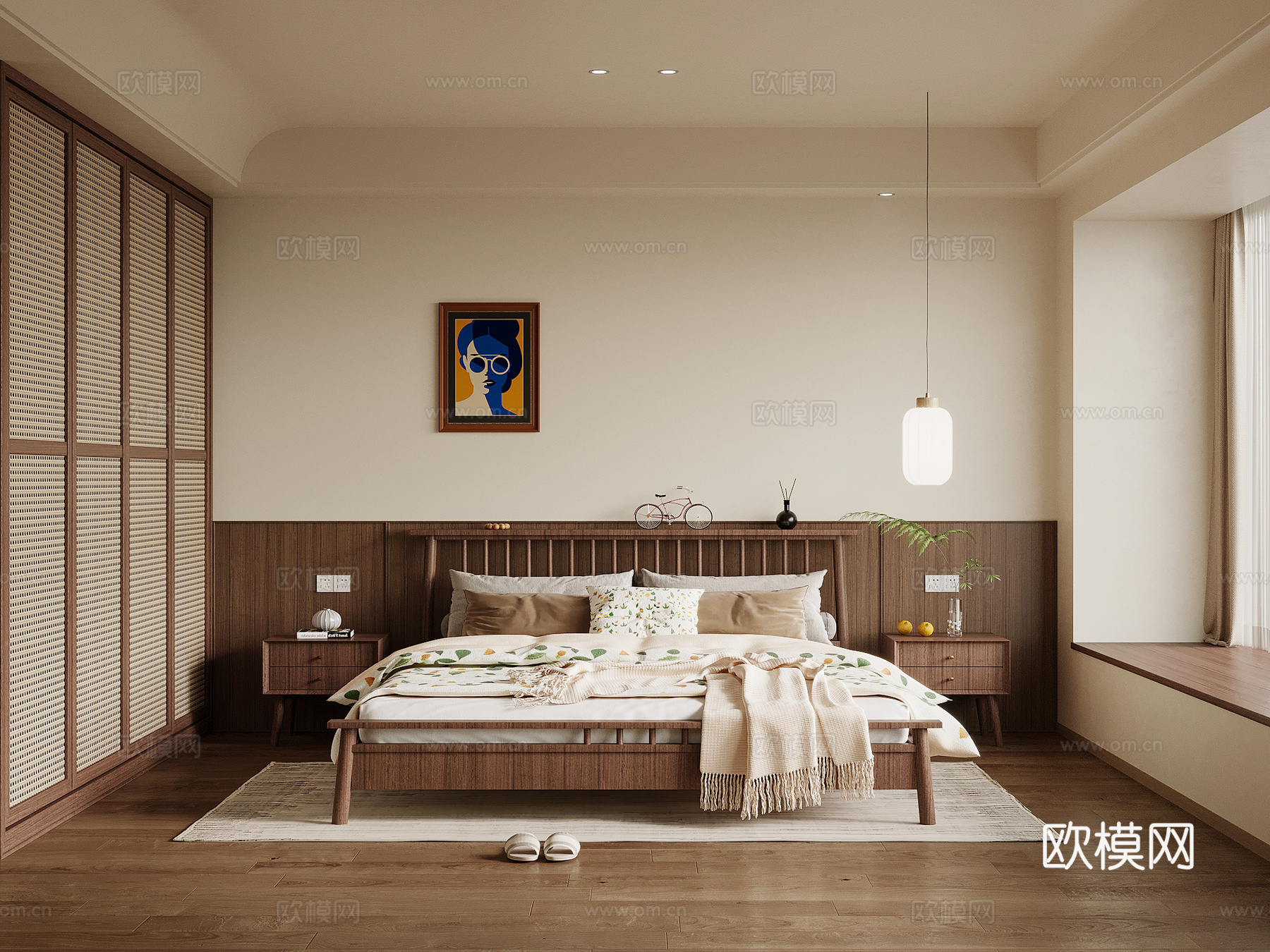 中古风卧室 双人床 床头柜3d模型下载