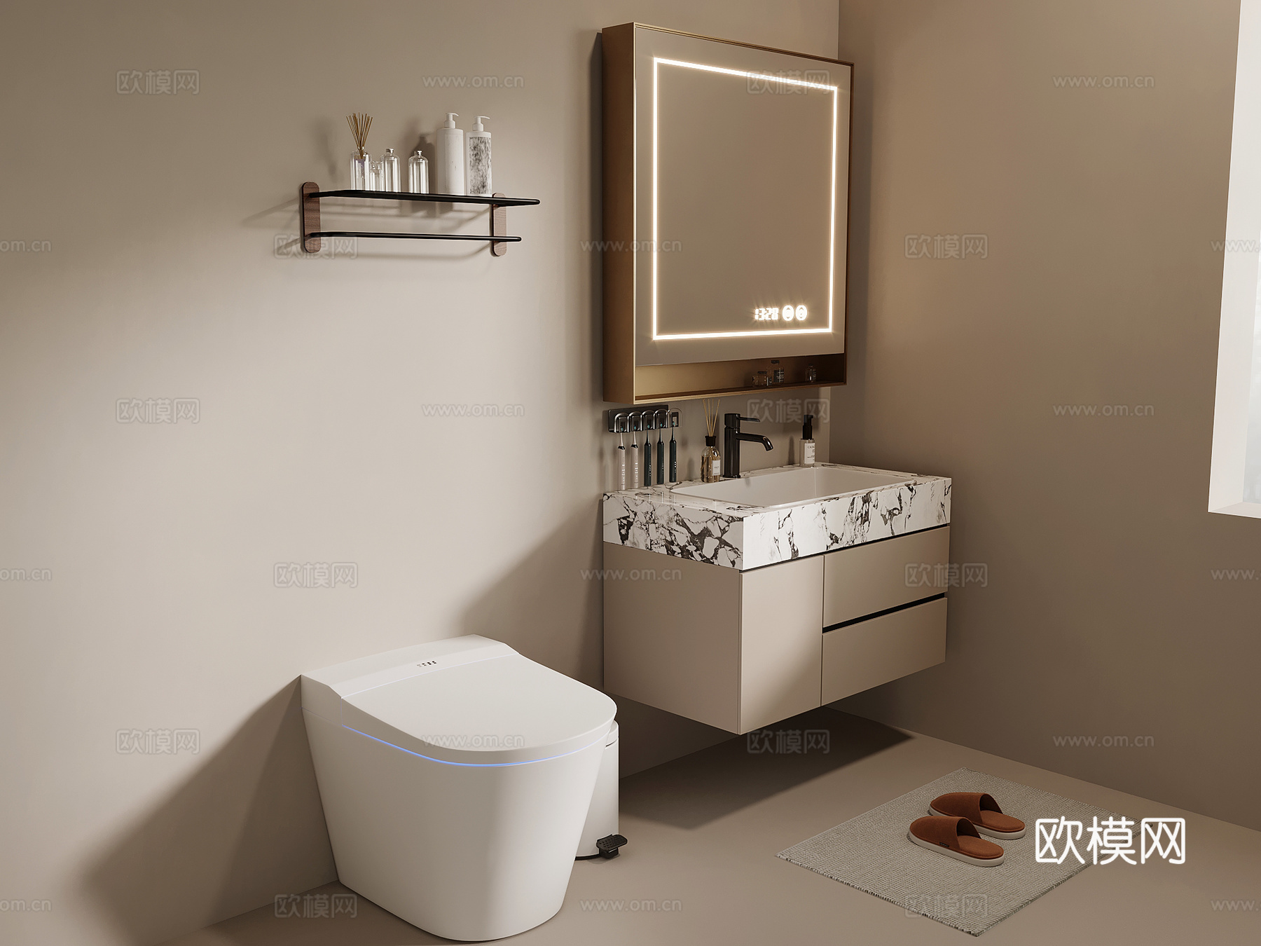 现代简约浴室柜 洗手台 马桶 毛巾架su模型