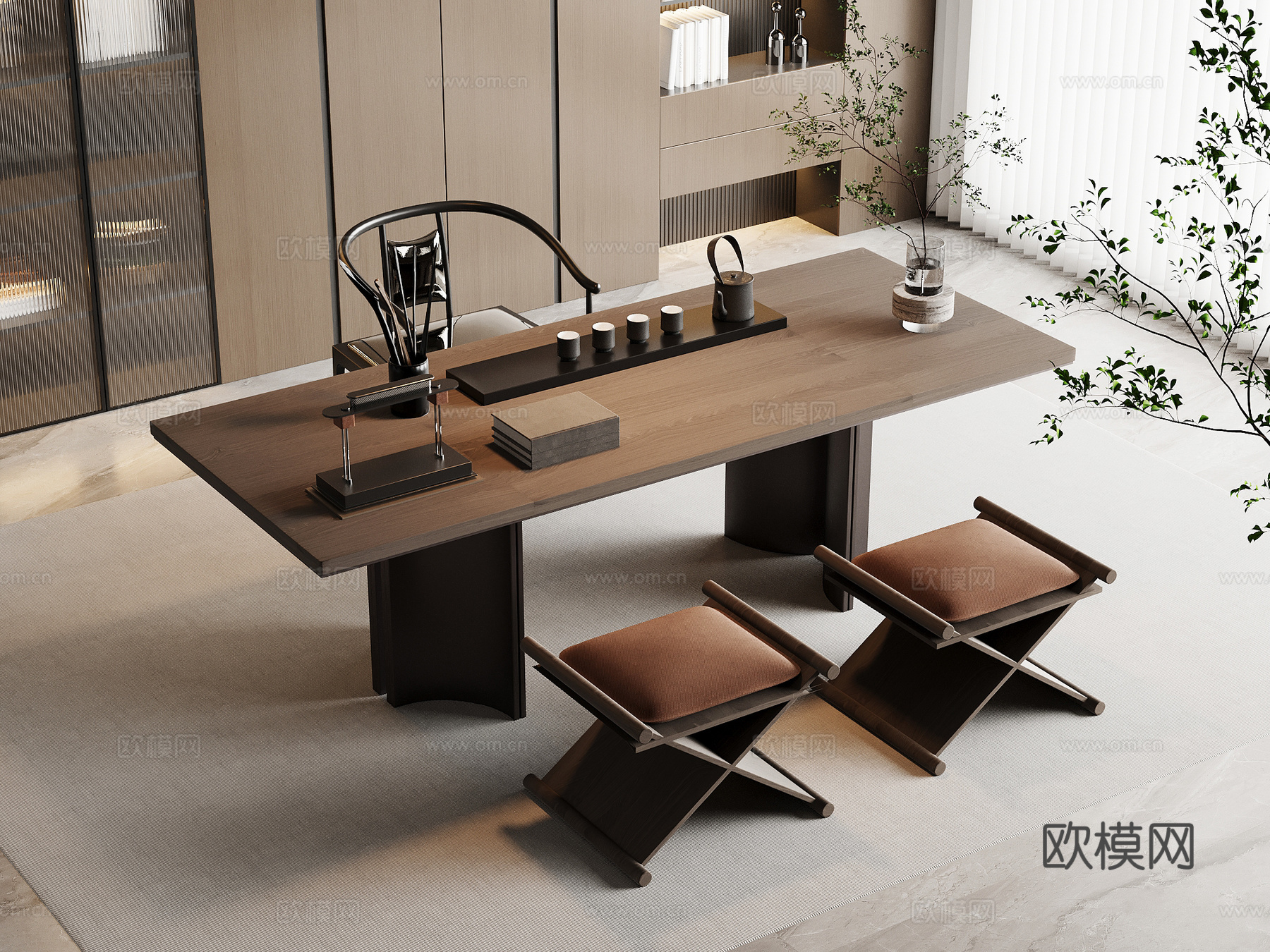 现代茶桌椅 茶台 茶具su模型