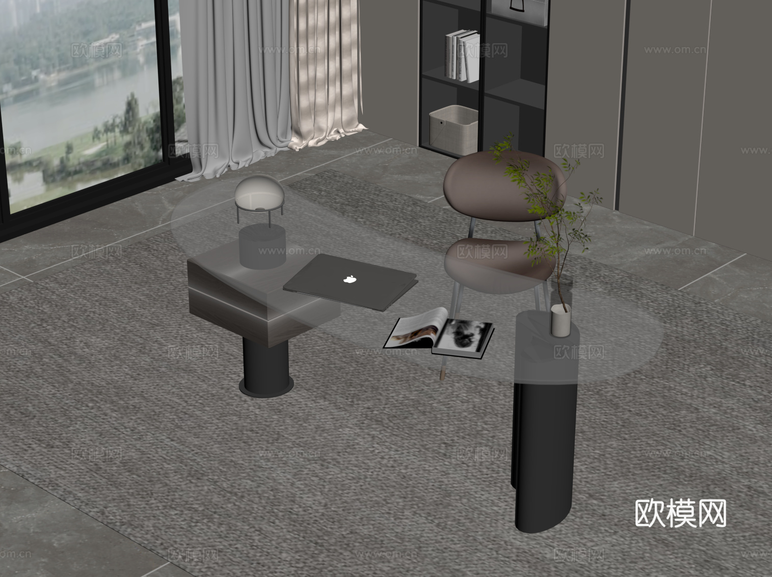 现代简约书房 书桌椅 办公桌椅su模型