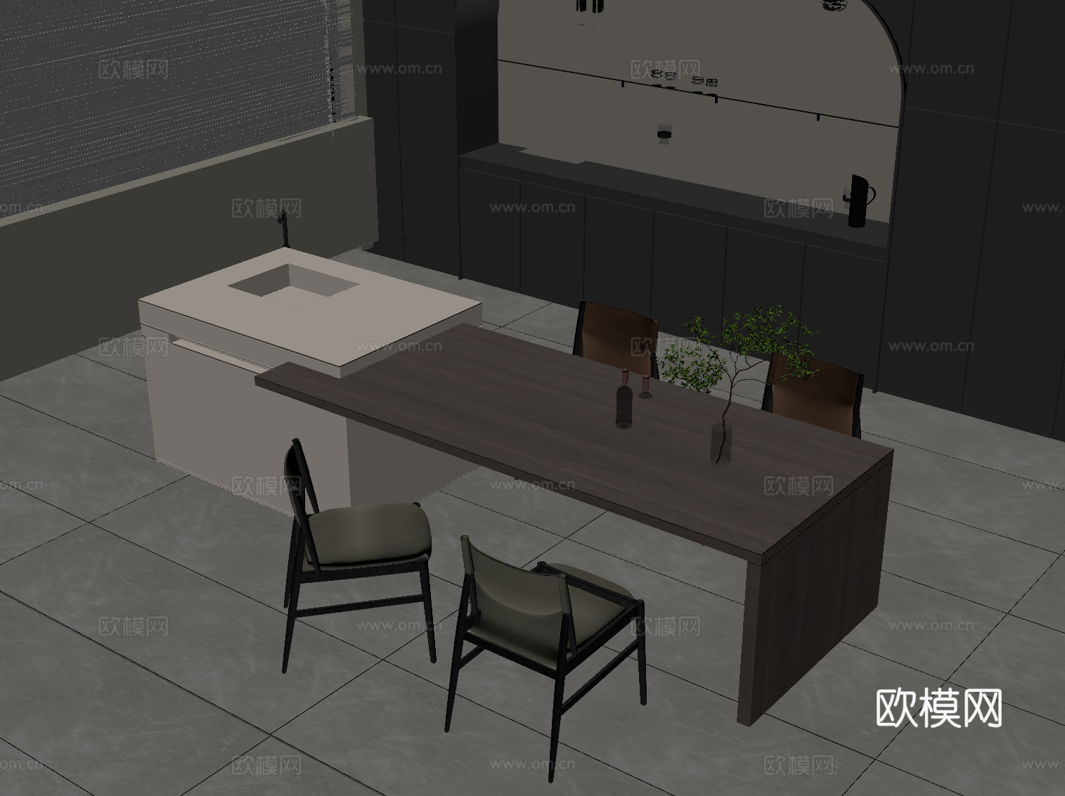 现代意式吧台 岛台 餐桌椅su模型