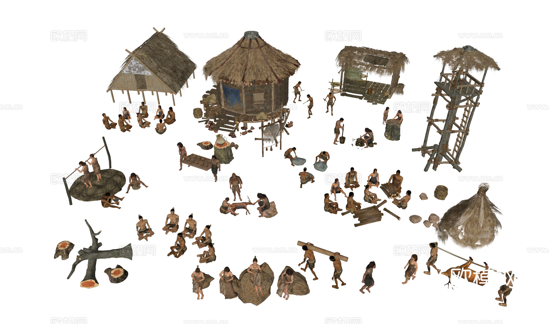 古代原始人人物组合 原始部落 原始人茅草屋 劳作原始人 木头su模型