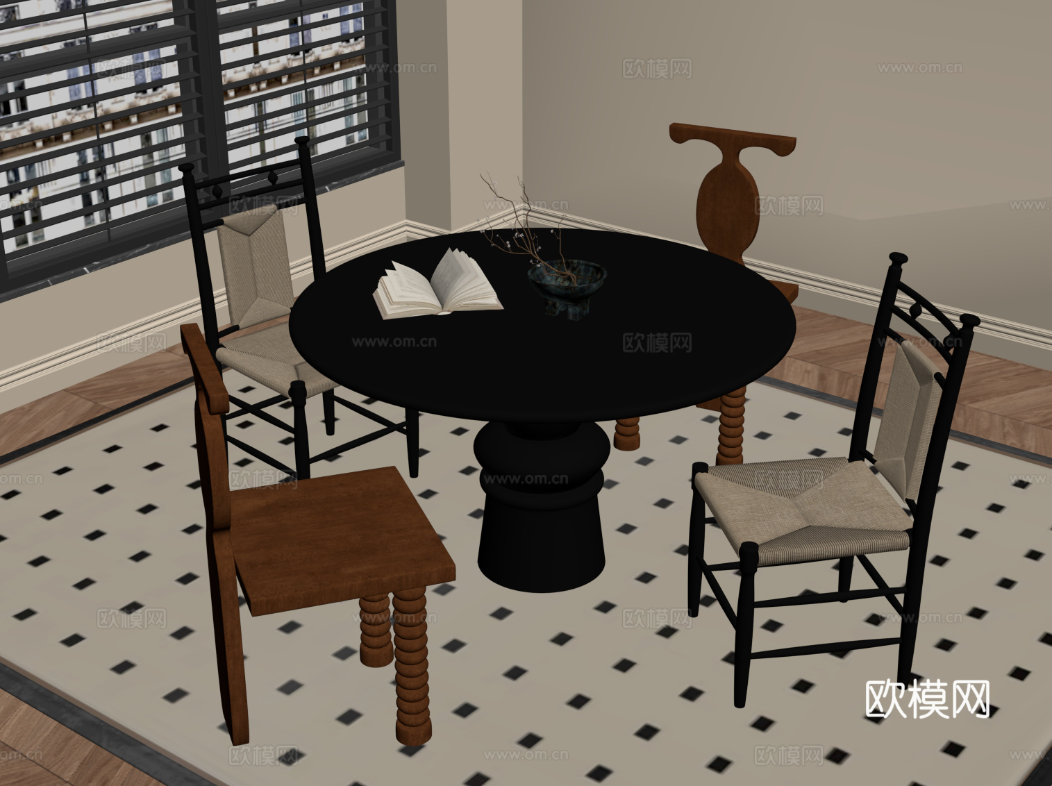 法式复古风餐桌椅 圆形餐桌椅su模型
