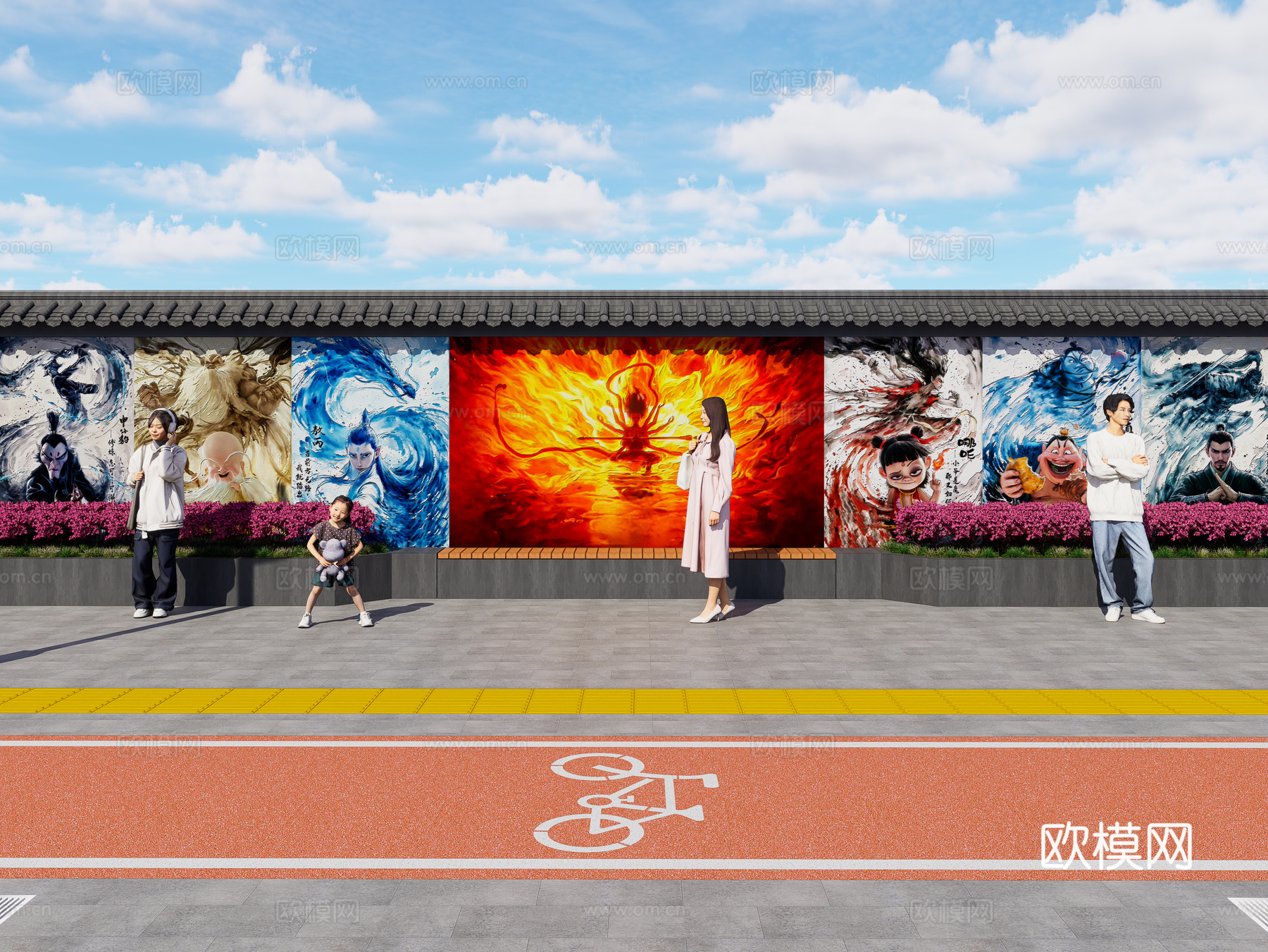 现代街道墙体彩绘 哪吒魔童闹海墙绘 网红打卡墙 墙绘墙画su模型