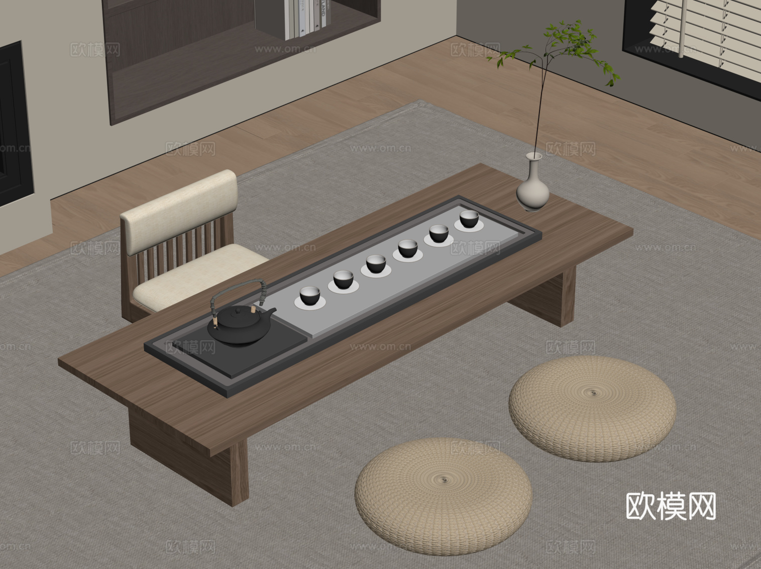 新中式榻榻米茶桌椅su模型