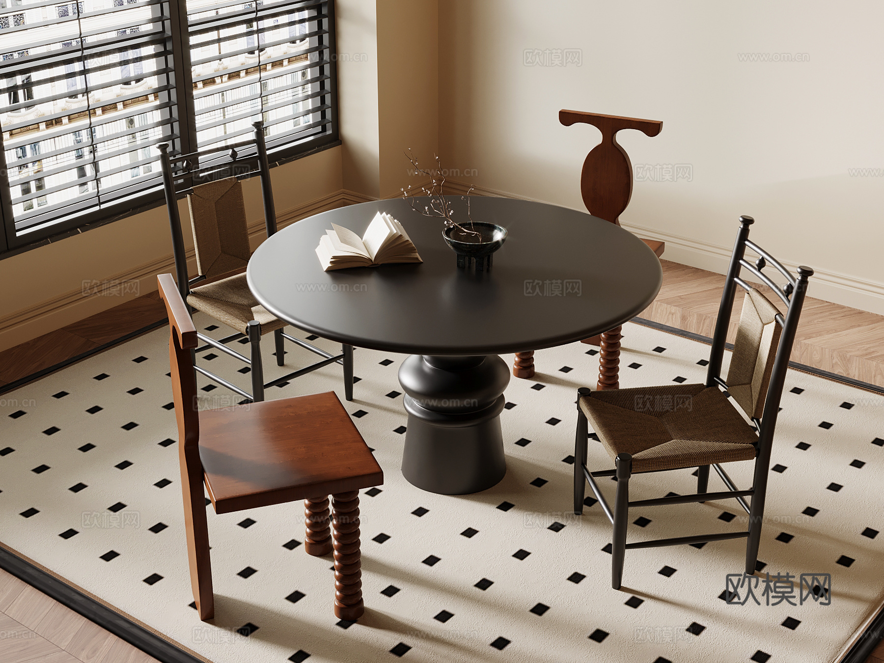法式复古风餐桌椅 圆形餐桌椅3d模型下载