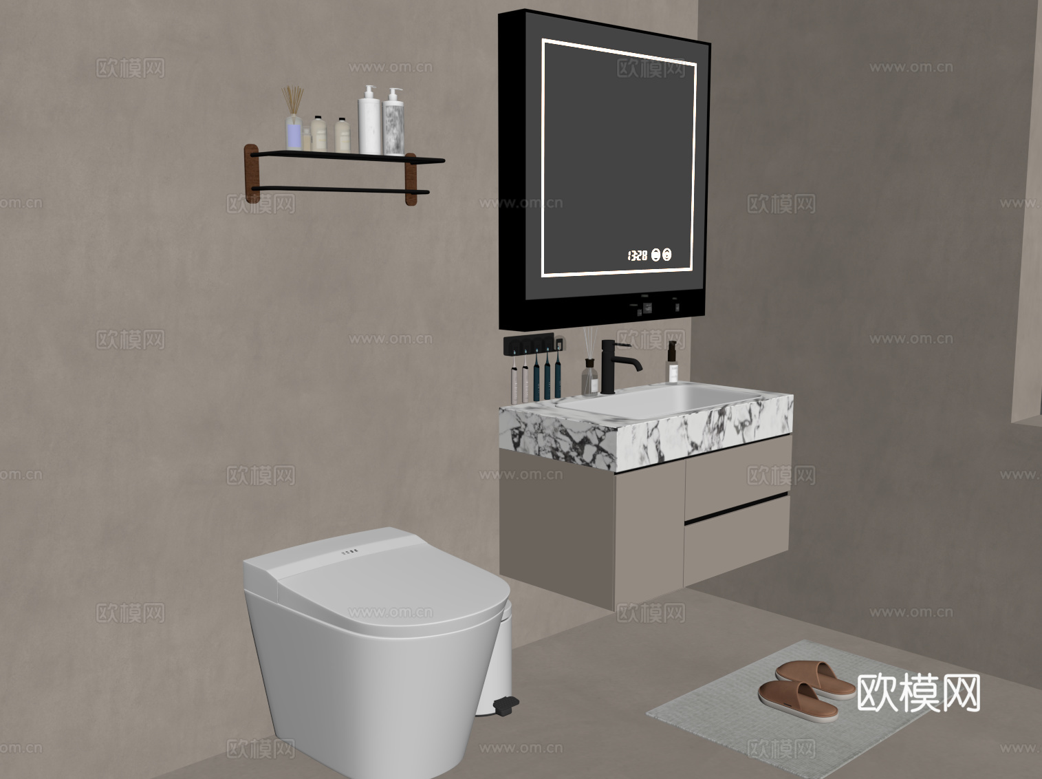 现代简约浴室柜 洗手台 马桶 毛巾架su模型