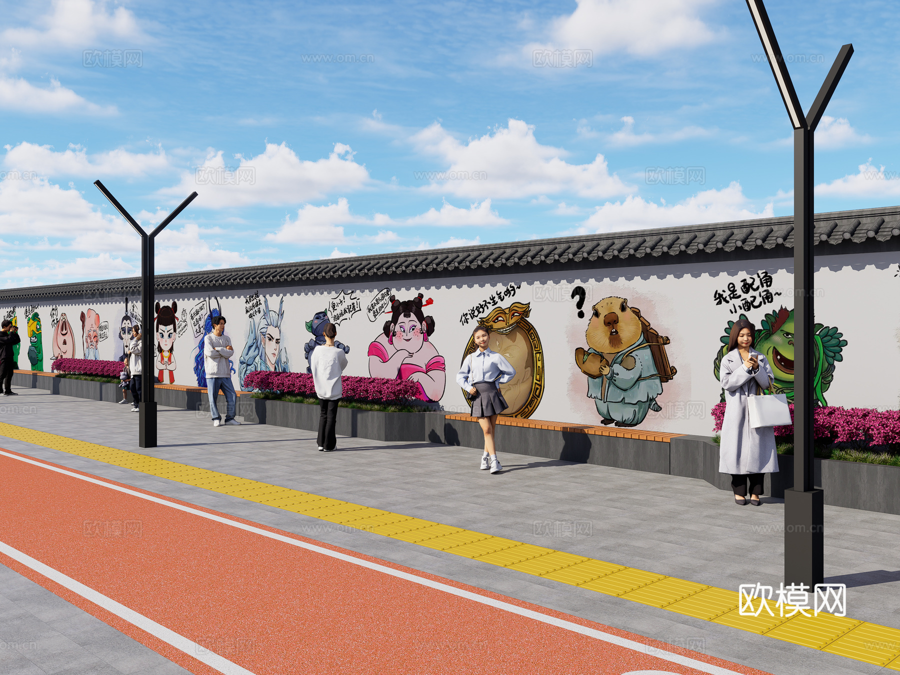 现代街道墙体彩绘 哪吒魔童闹海墙绘 网红打卡墙 墙绘墙画su模型