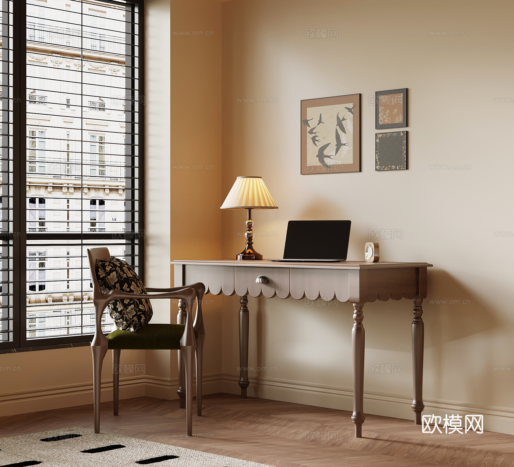 法式复古风书桌椅 学习桌椅3d模型下载
