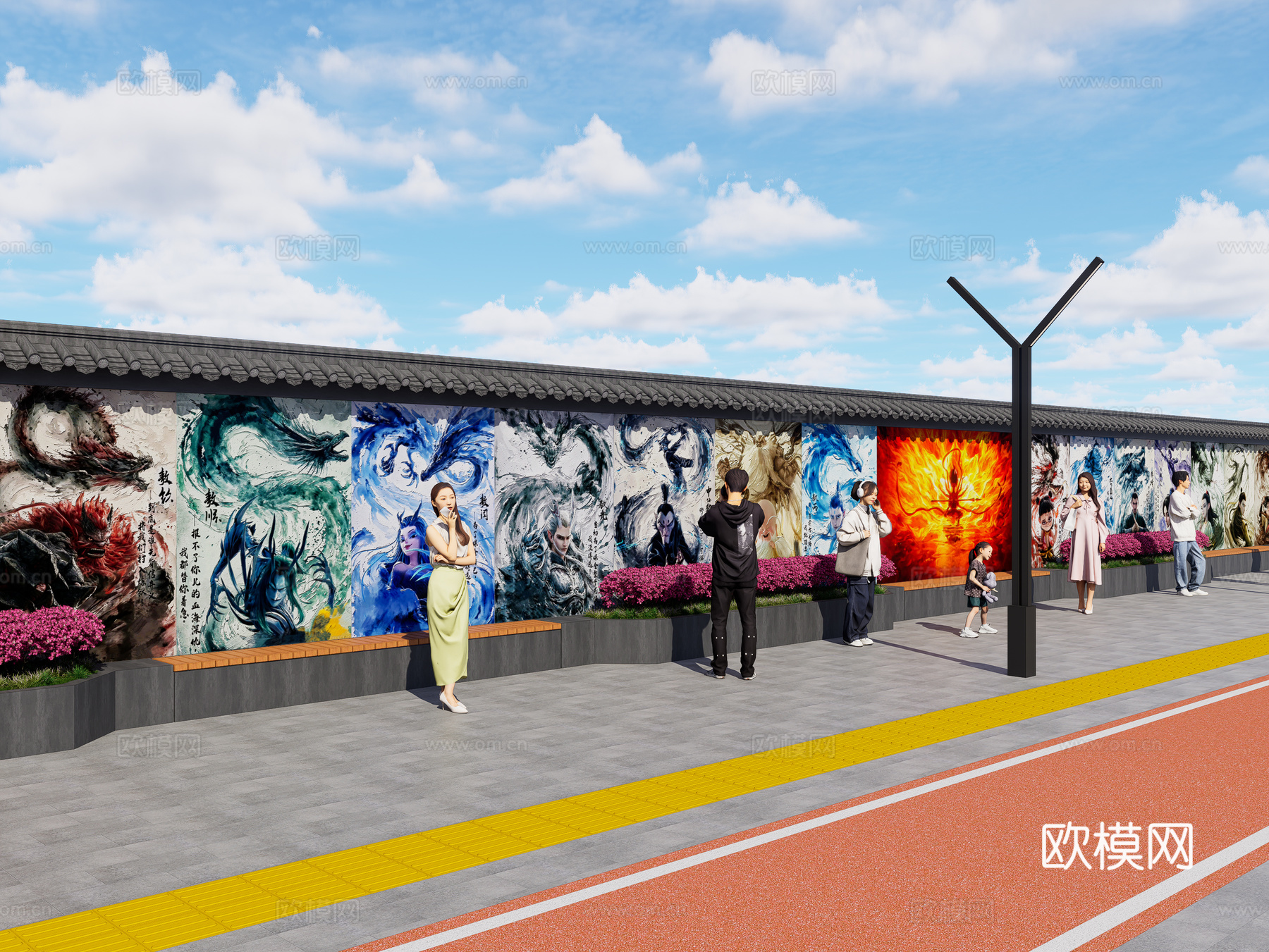 现代街道墙体彩绘 哪吒魔童闹海墙绘 网红打卡墙 墙绘墙画su模型