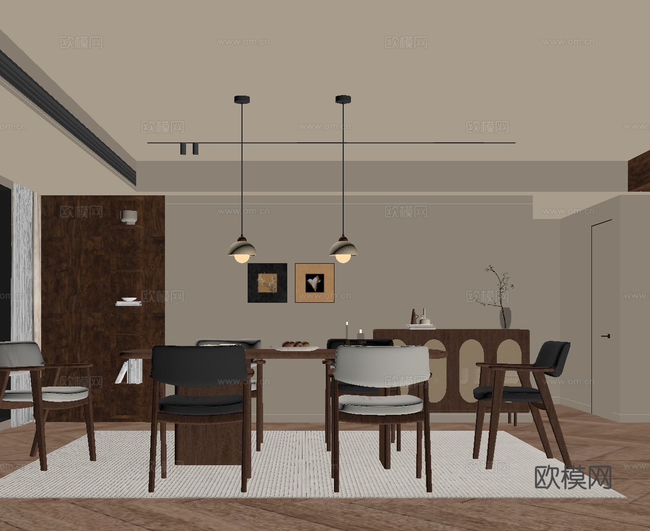 中古风餐厅 餐桌椅 餐边柜su模型