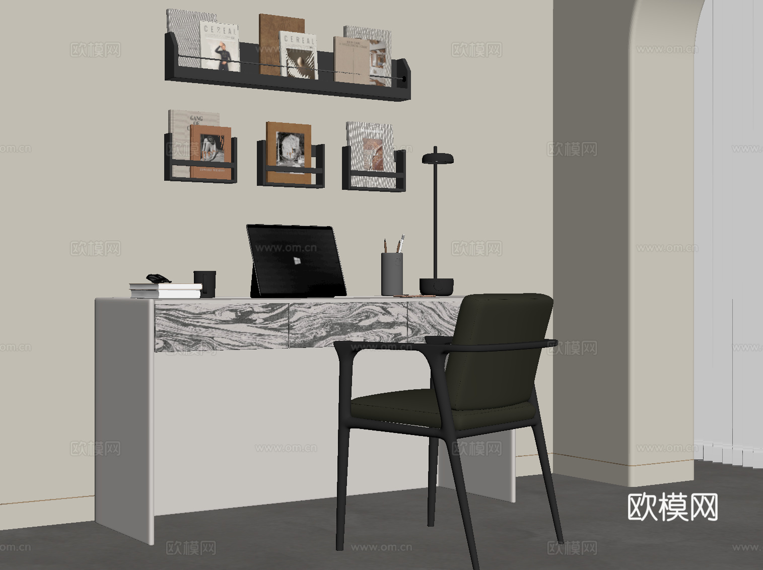 现代书桌椅 书架su模型