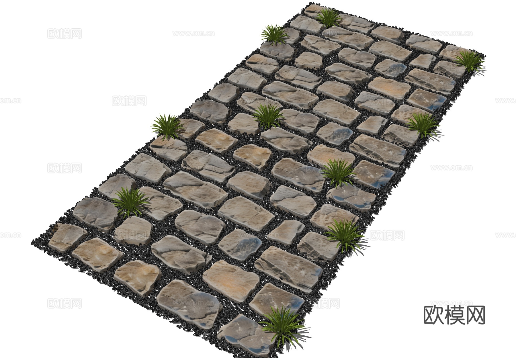 现代汀步 弹石路面 老石板 中式汀步 石板路 游步道 景观园su模型