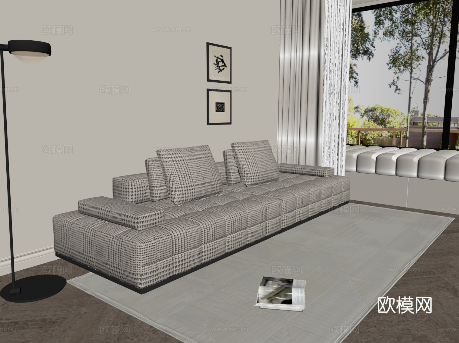 现代布艺沙发 多人沙发su模型