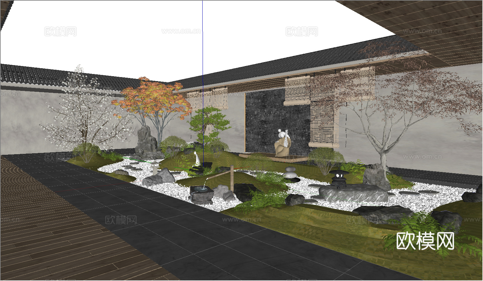 日式中庭枯山水庭院景观 石头假山 禅意庭院小品 景观树su模型