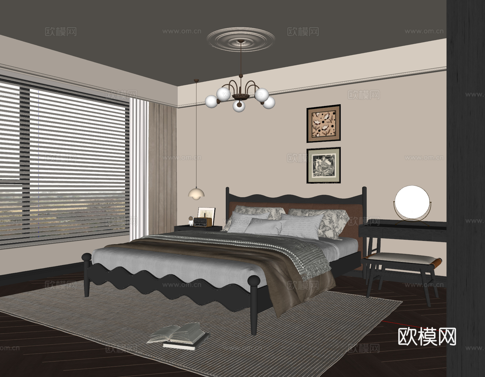 法式卧室 实木双人床 床头柜 吊灯 挂画 梳妆台 地毯su模型