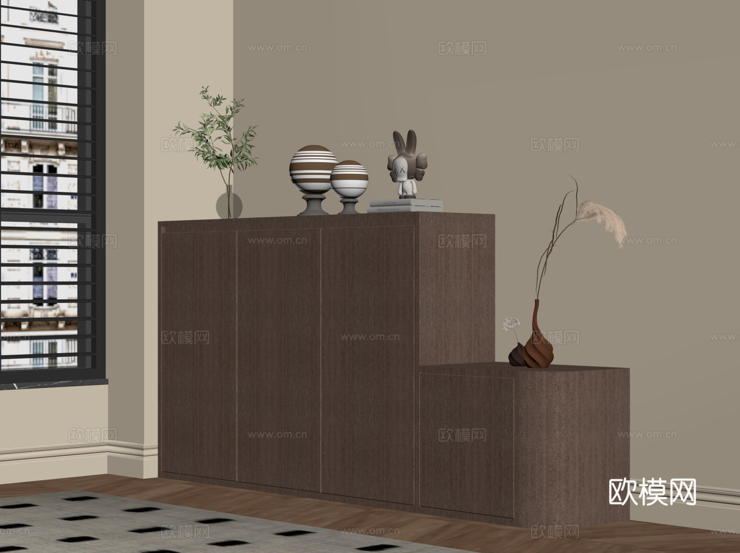 现代中古风玄关柜 入户鞋柜su模型