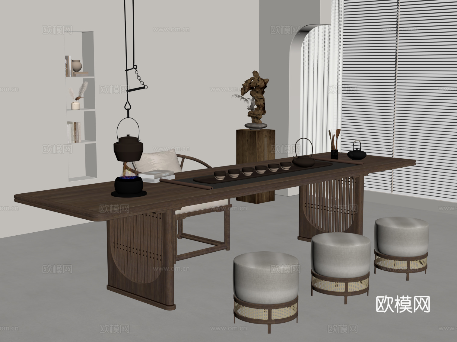 新中式茶台 茶桌椅su模型