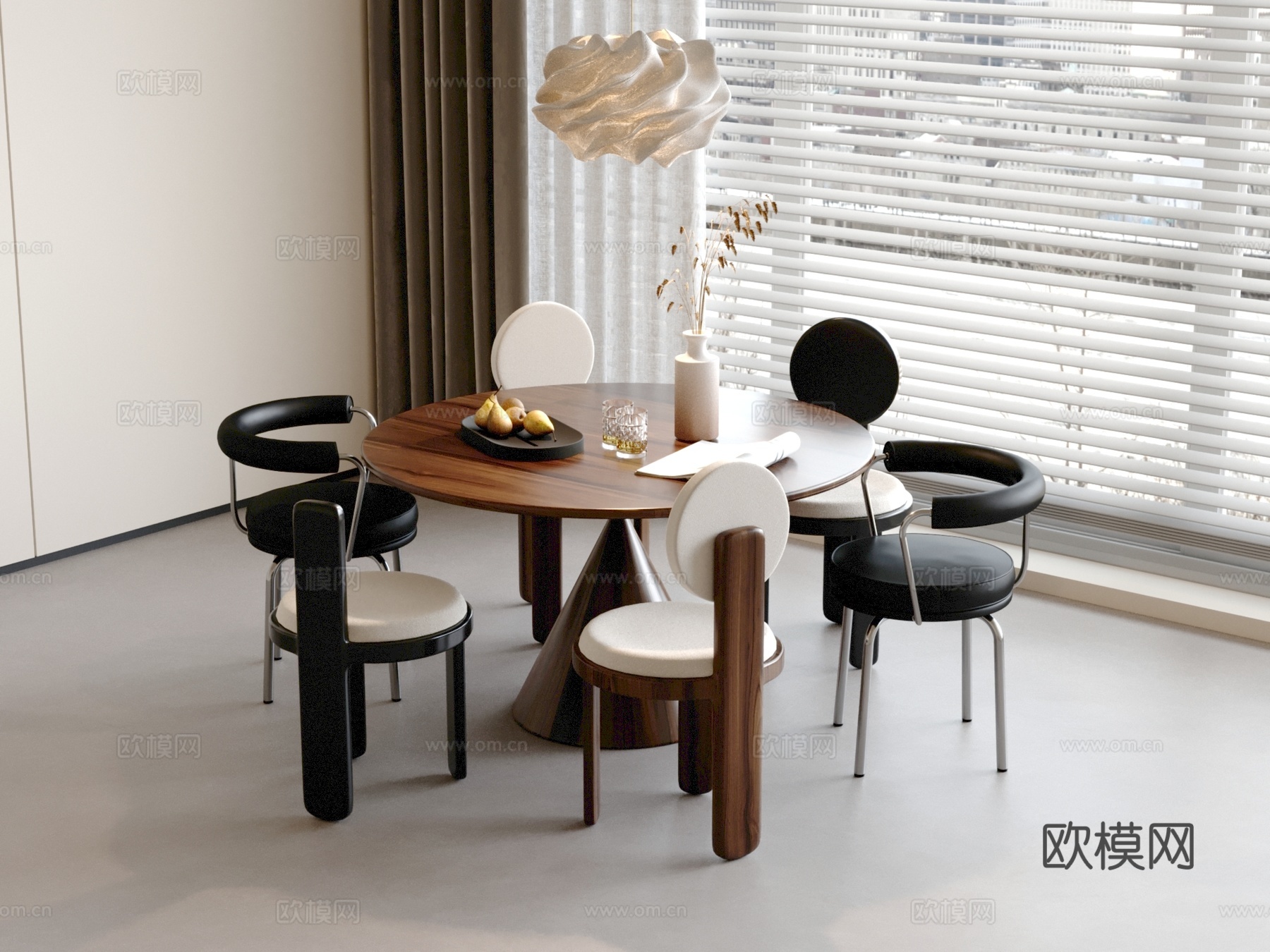 中古风餐桌椅 圆形餐桌椅su模型
