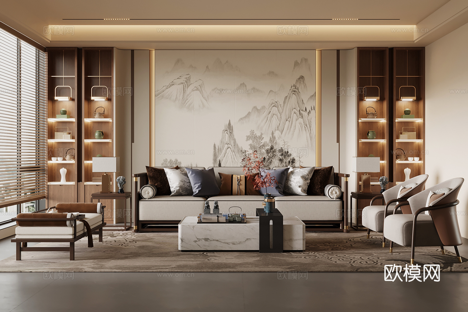 新中式客厅 沙发茶几组合 沙发背景墙su模型