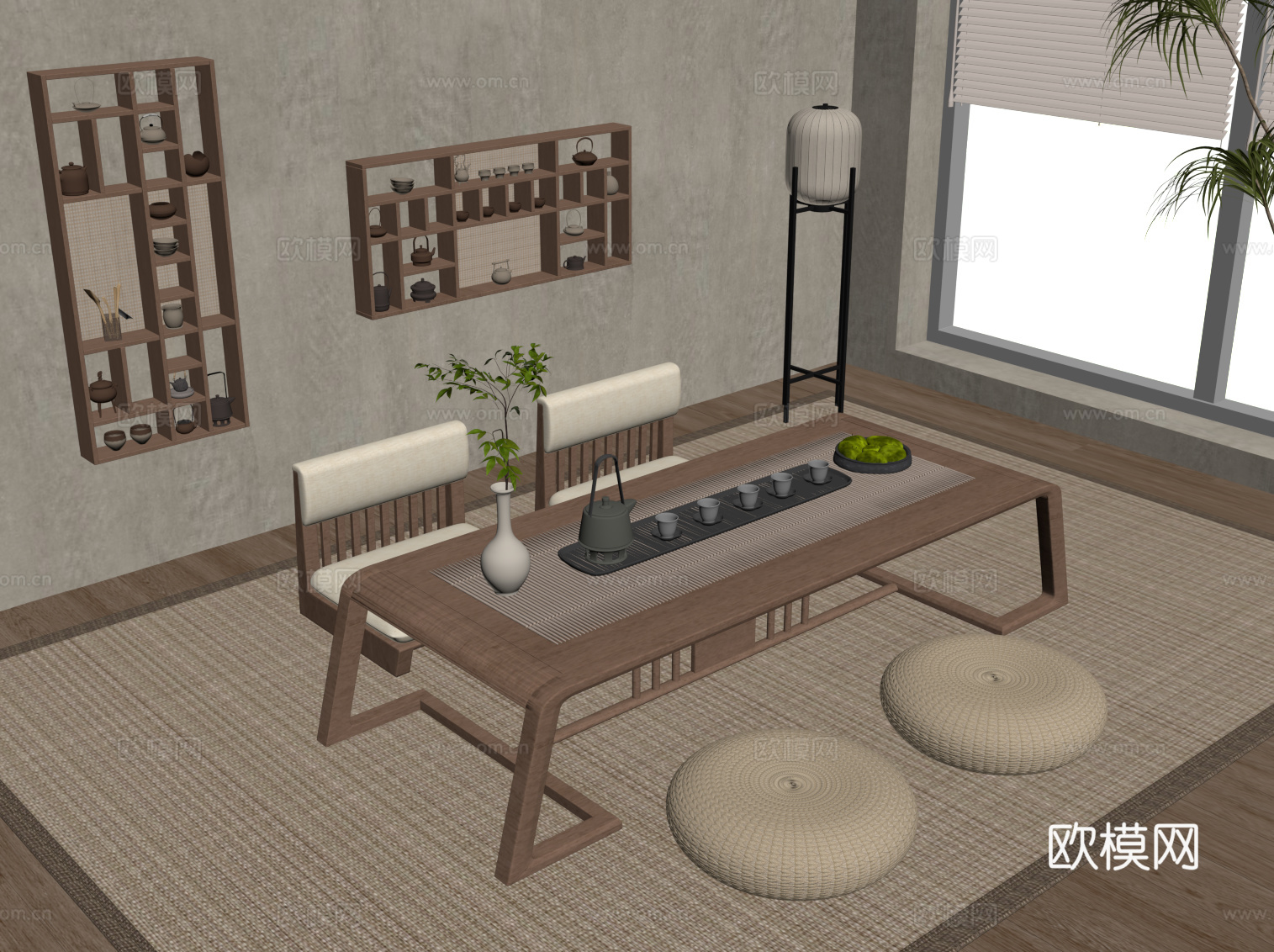新中式榻榻米茶桌椅 小茶台su模型