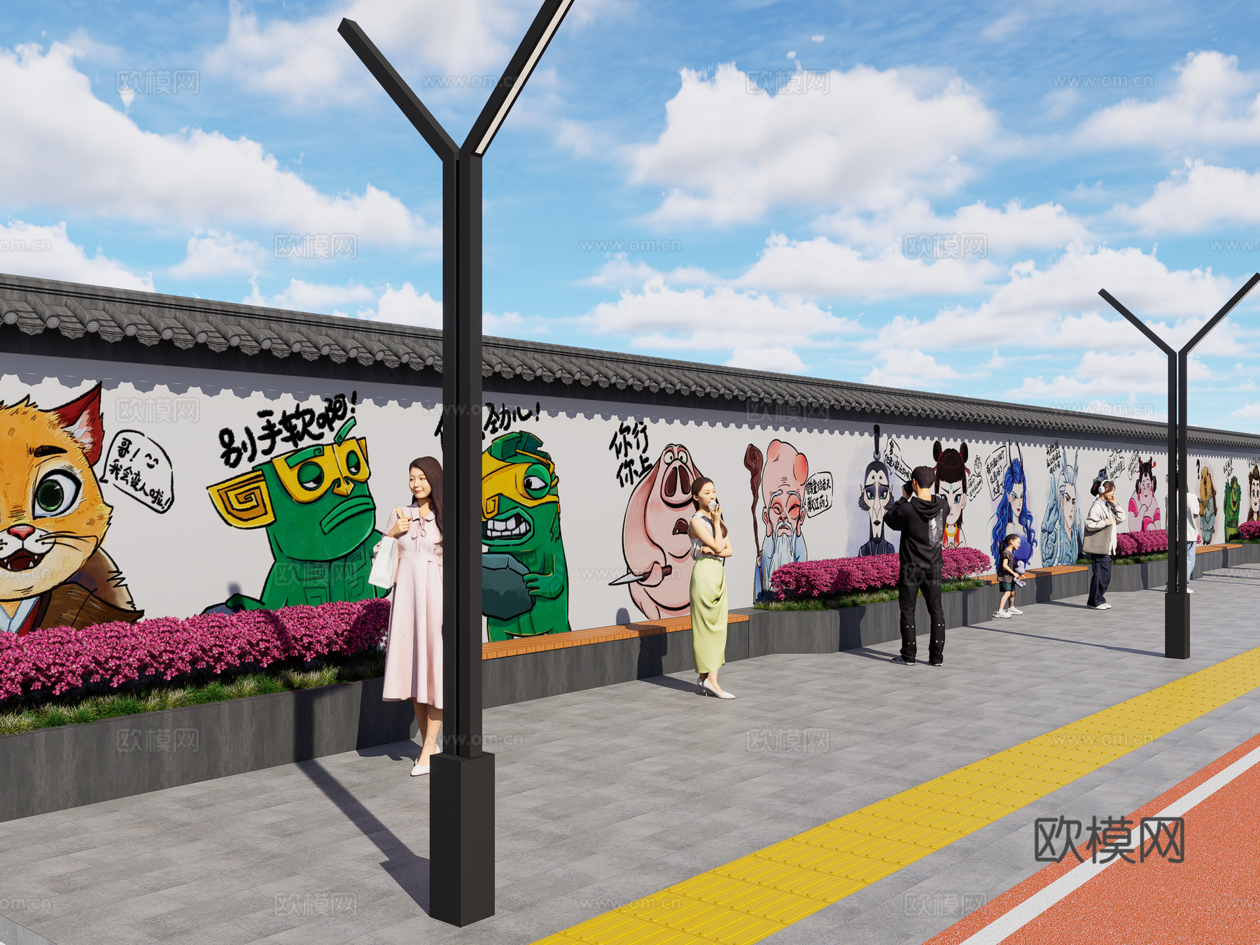 现代街道墙体彩绘 哪吒魔童闹海墙绘 网红打卡墙 墙绘墙画3d模型下载（渲染图1）