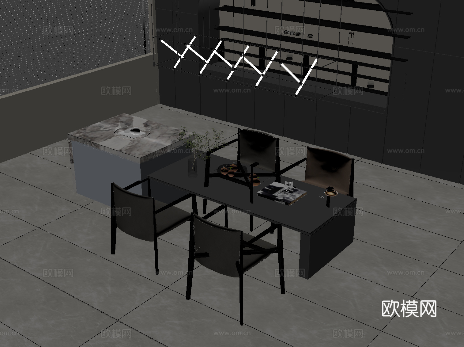 现代意式岛台 餐桌椅su模型