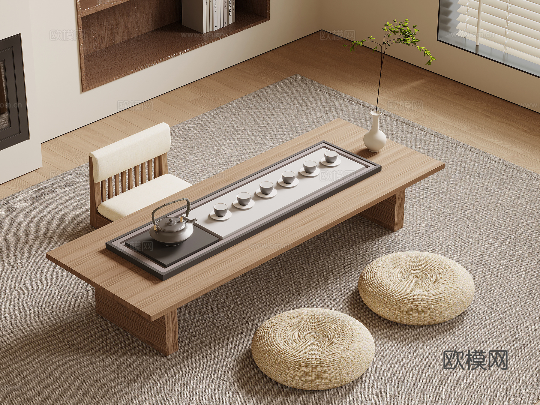 新中式榻榻米茶桌椅su模型