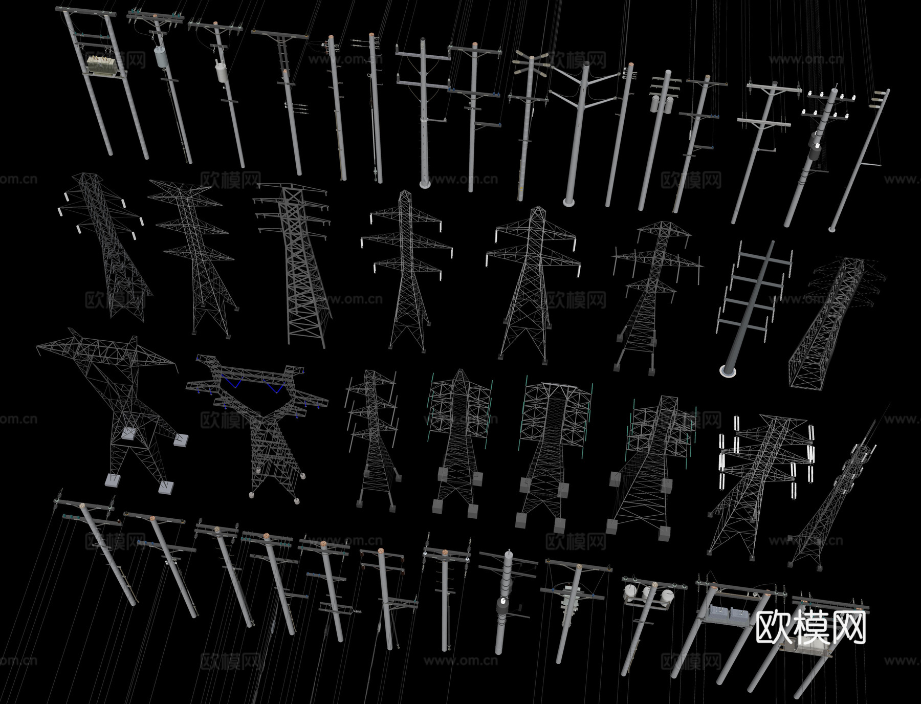 电线杆 高压电塔 电缆杆 高压线 信号塔 输电设备su模型