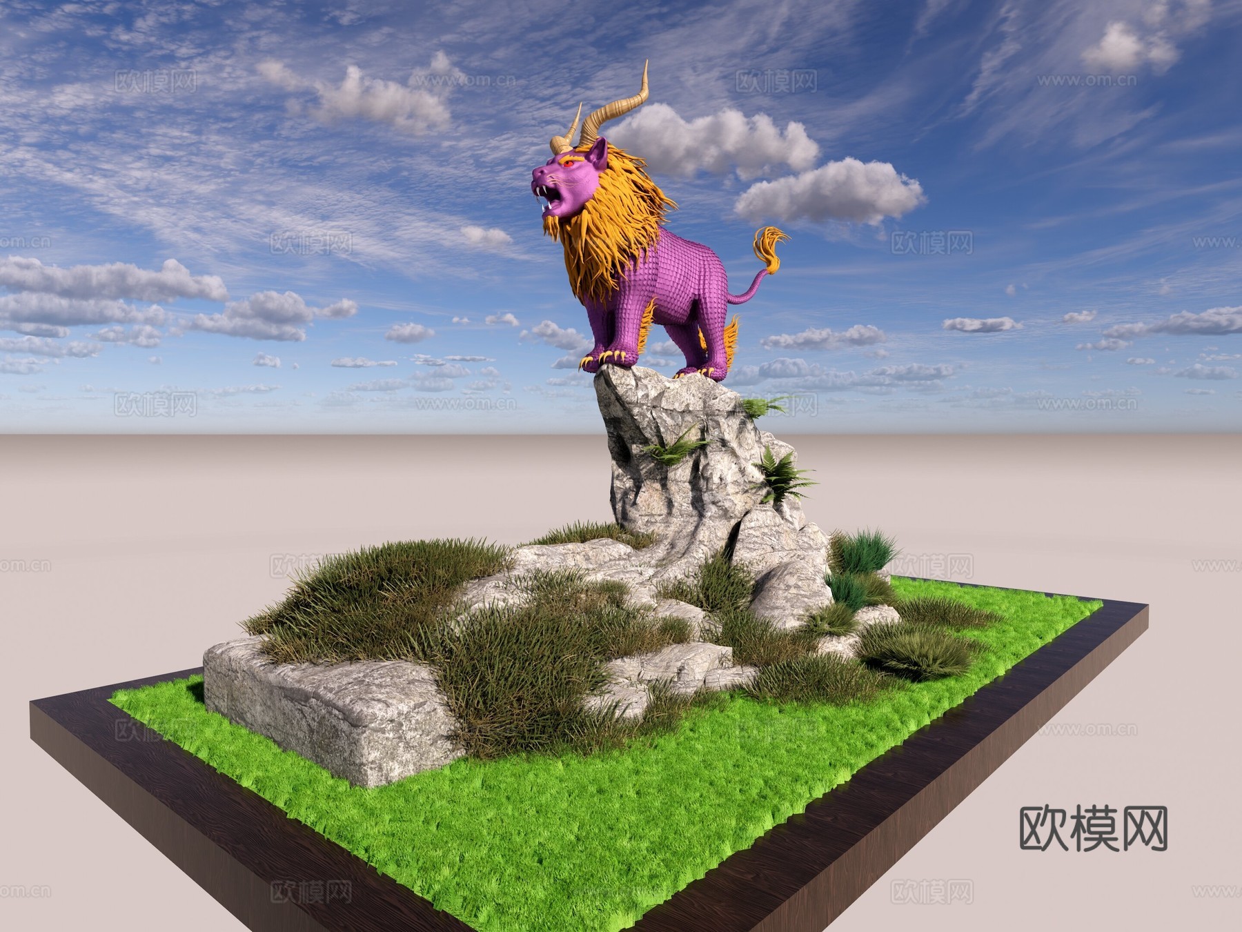 狮子 神兽 山海经 摆件 山 草原su模型