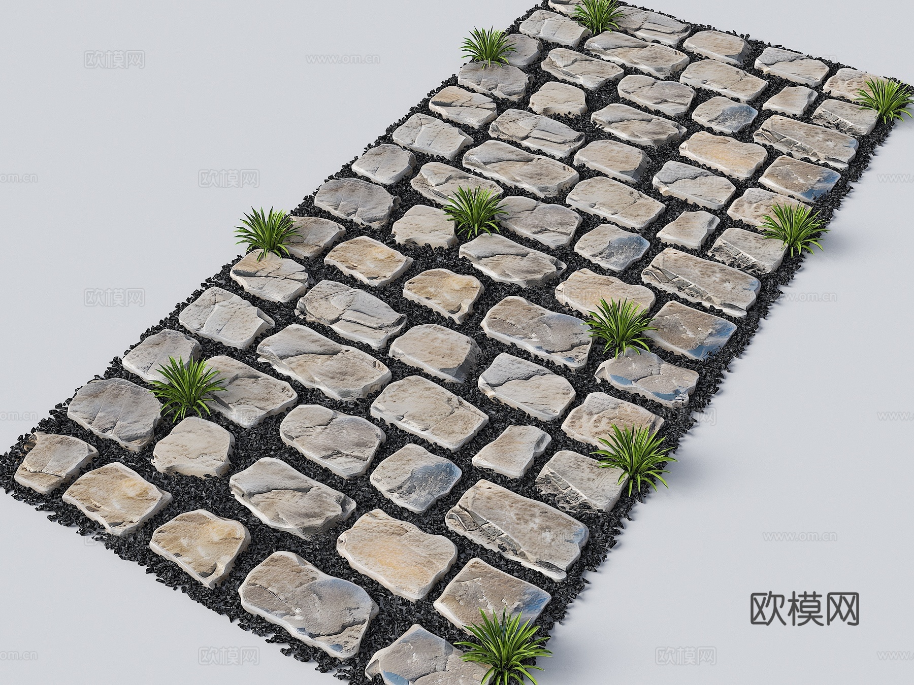 现代汀步 弹石路面 老石板 中式汀步 石板路 游步道 景观园su模型