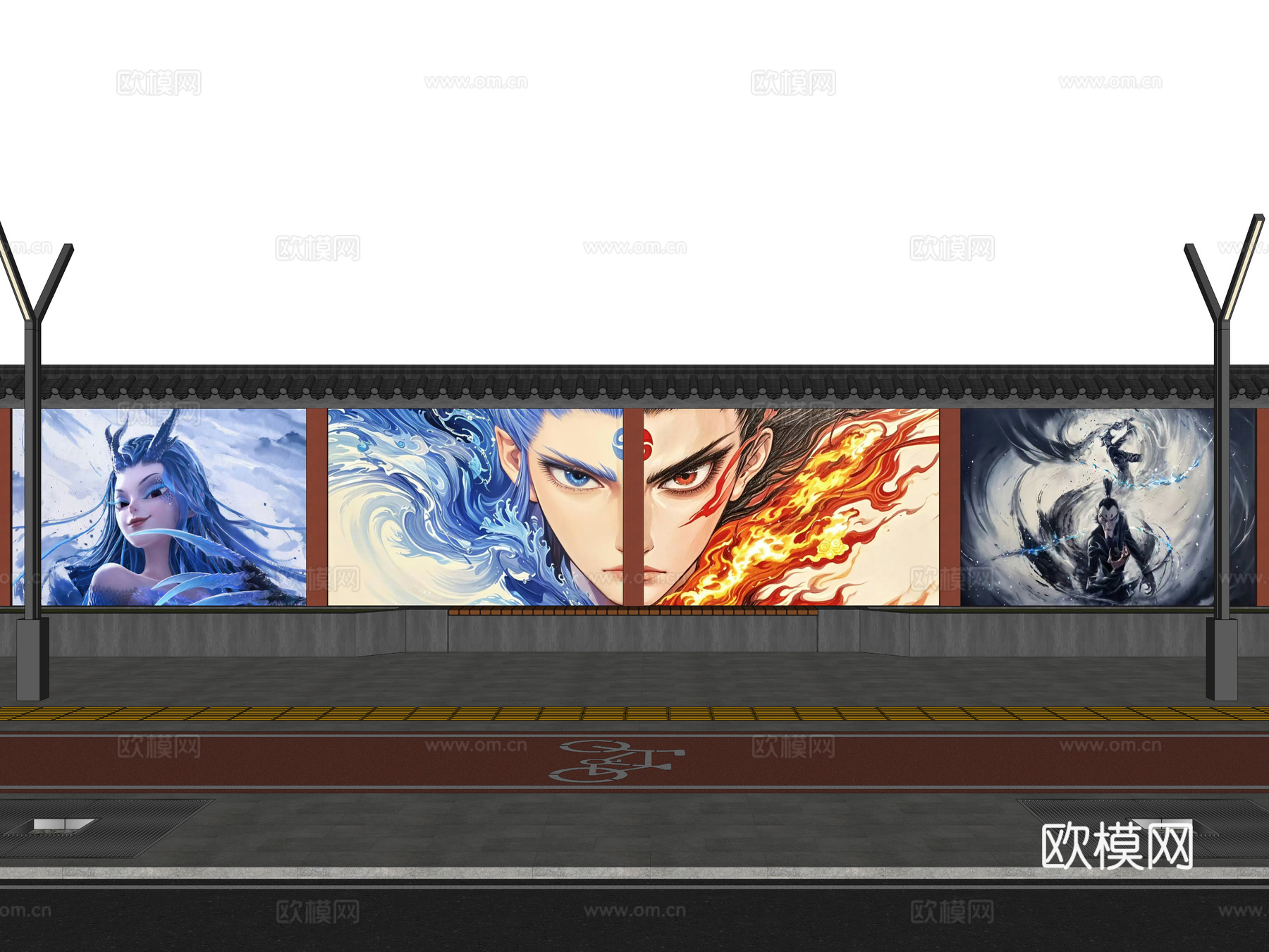 现代街道墙体彩绘 哪吒魔童闹海墙绘 网红打卡墙 墙绘墙画su模型