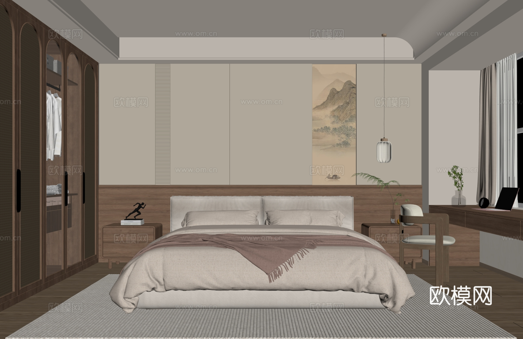 中古风卧室 双人床 床头柜 衣柜su模型