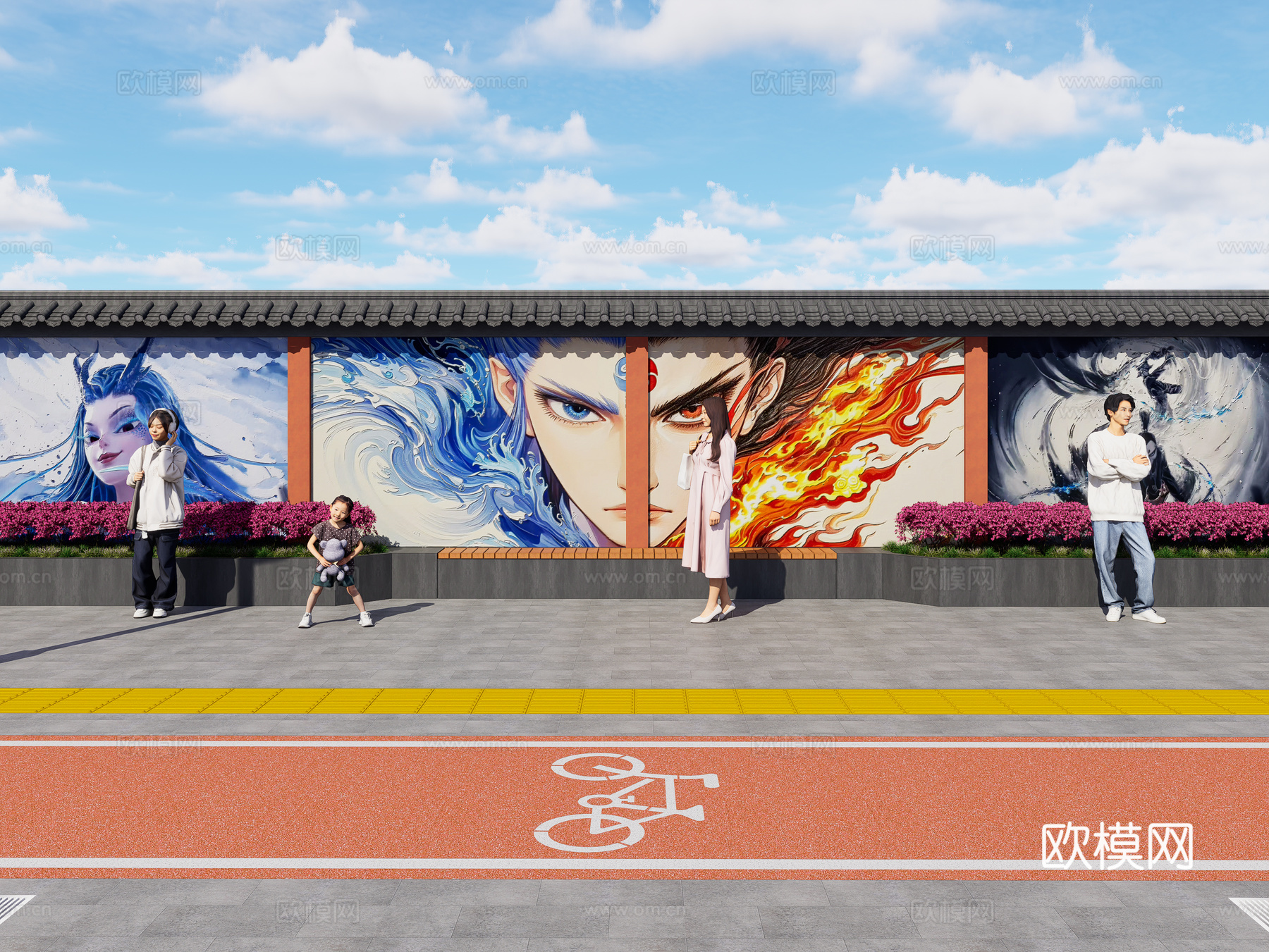 现代街道墙体彩绘 哪吒魔童闹海墙绘 网红打卡墙 墙绘墙画su模型