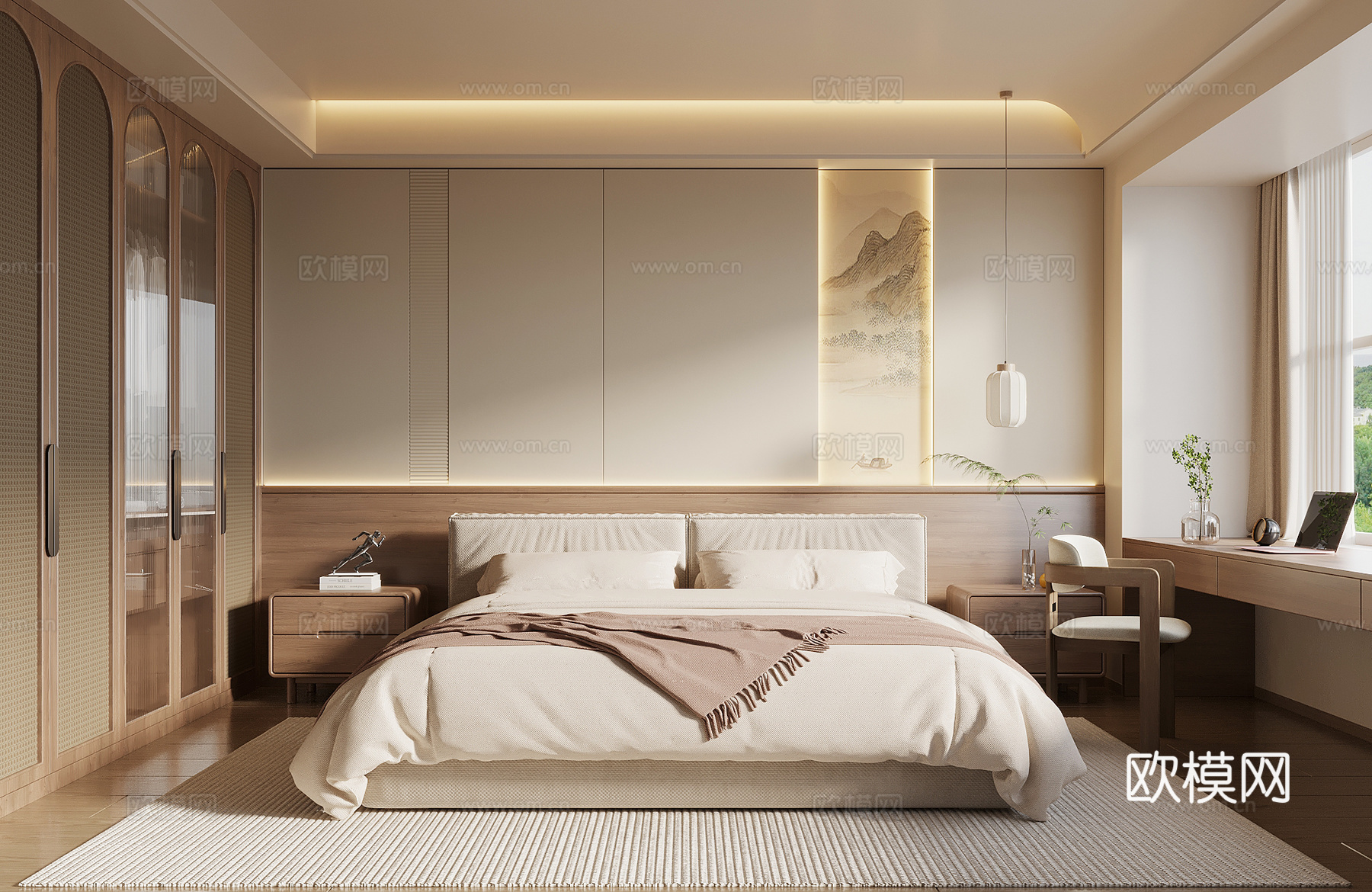 中古风卧室 双人床 床头柜 衣柜su模型