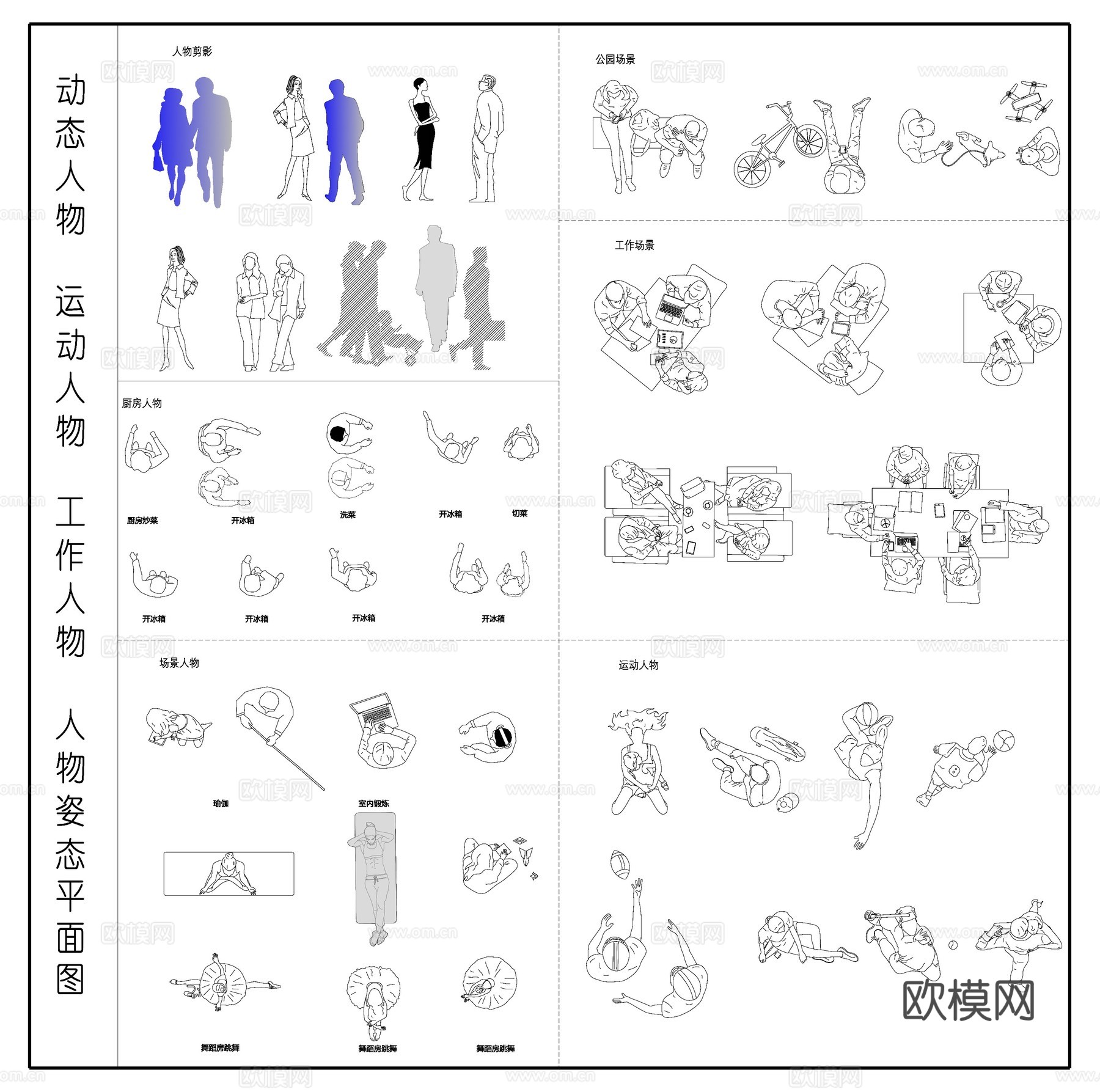 静态人物 动态人物 工作人物 人物姿态平面图cad施工图