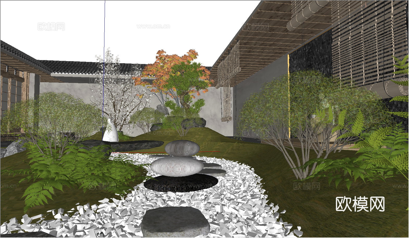 日式中庭枯山水庭院景观 石头假山 禅意庭院小品 景观树su模型