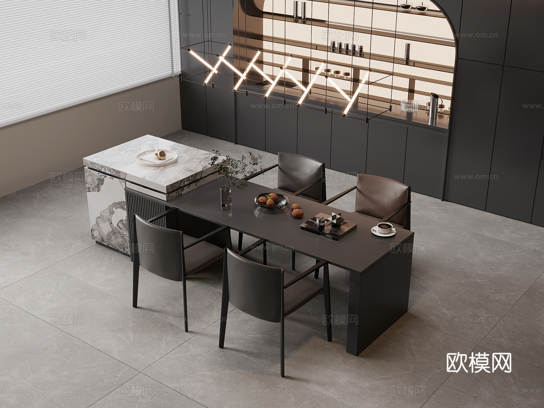 现代意式岛台 餐桌椅su模型