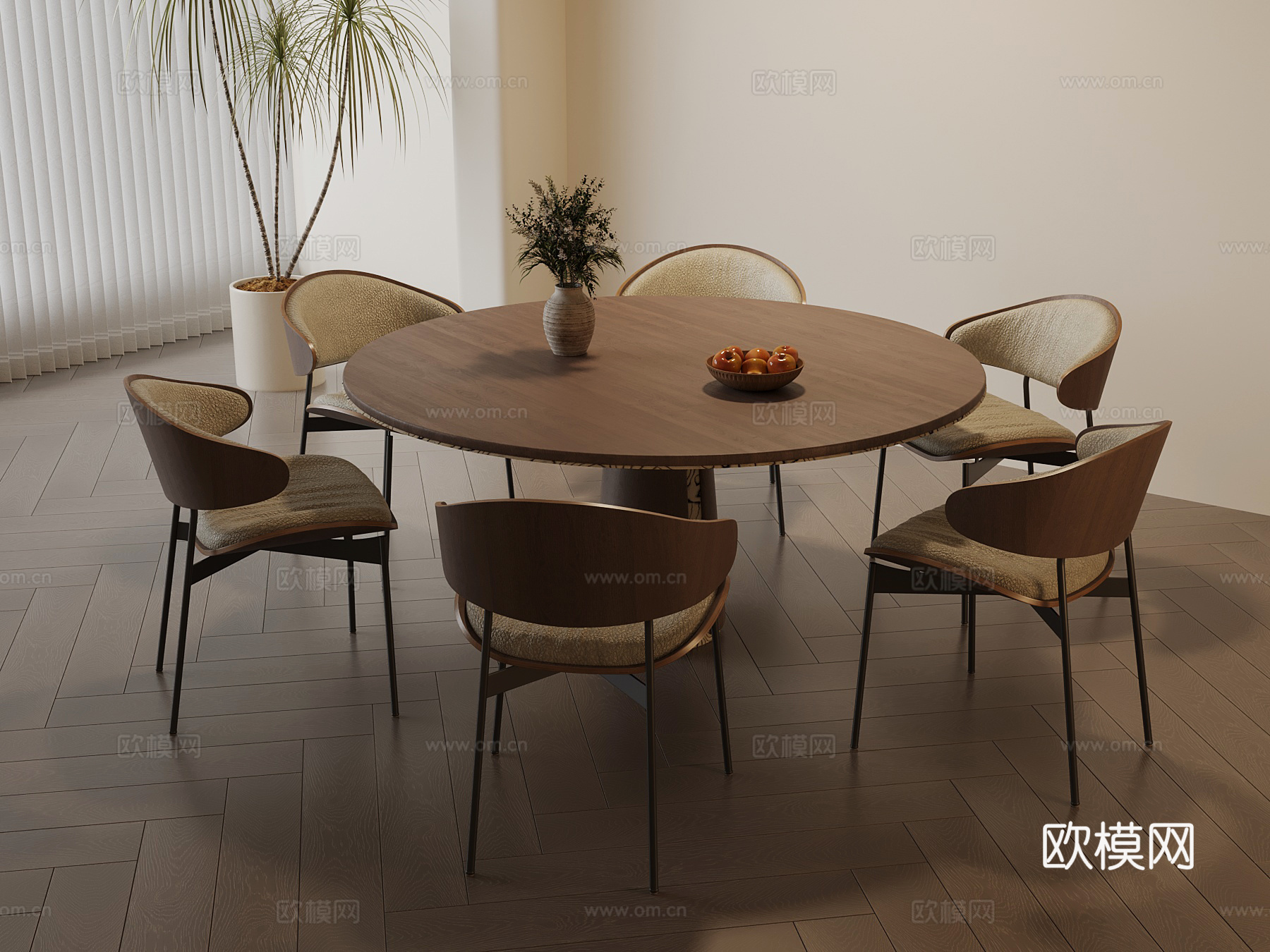 现代中古风餐桌椅 圆桌su模型