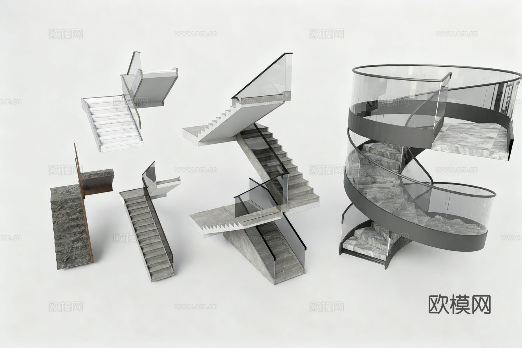 现代玻璃栏杆楼梯 旋转楼梯 悬浮式楼梯 超白玻栏杆su模型