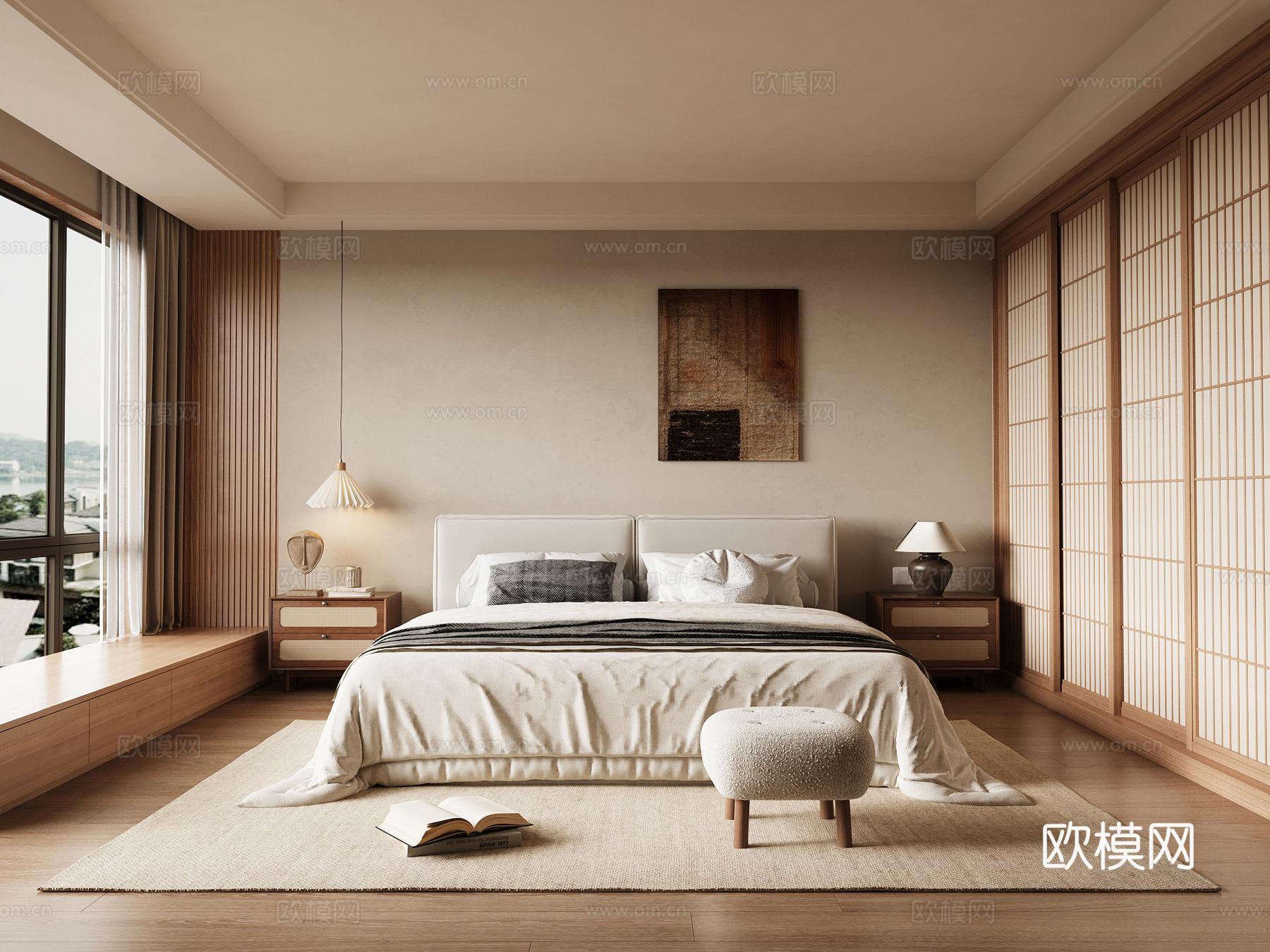 中古风卧室 双人床 衣柜su模型