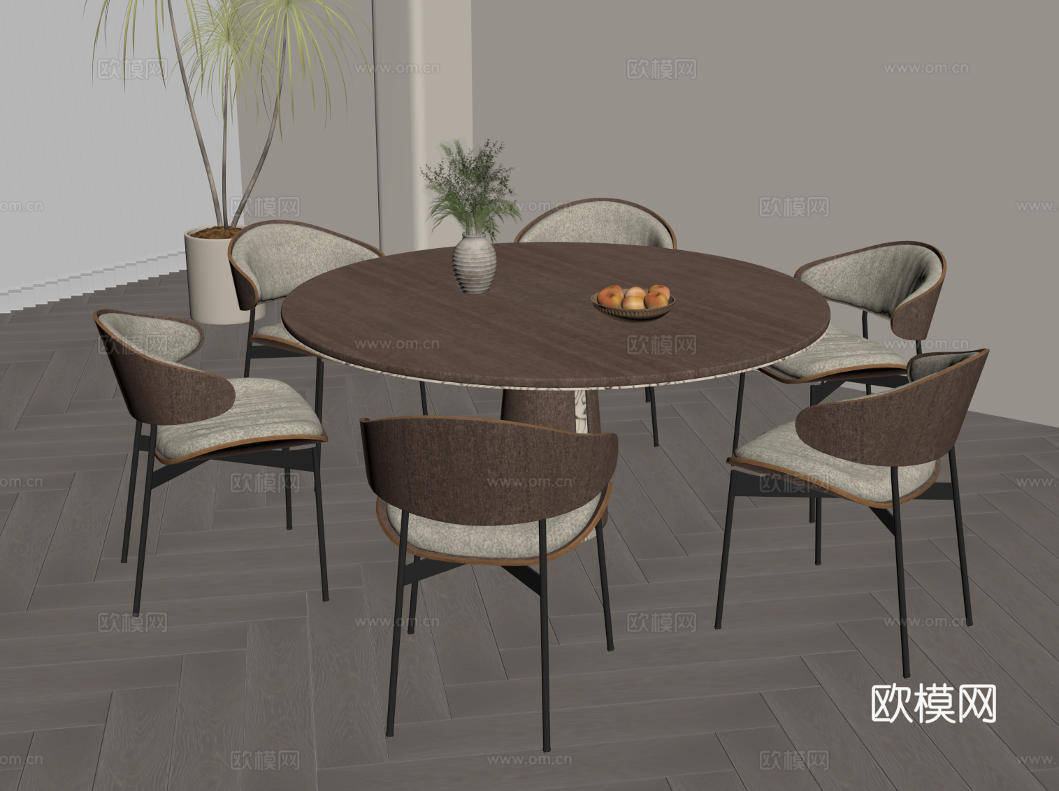 现代中古风餐桌椅 圆桌su模型