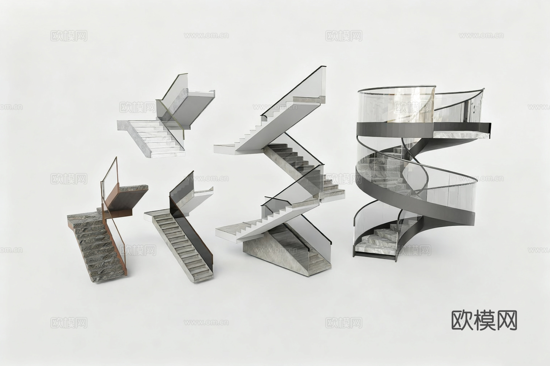 现代玻璃栏杆楼梯 旋转楼梯 悬浮式楼梯 超白玻栏杆su模型