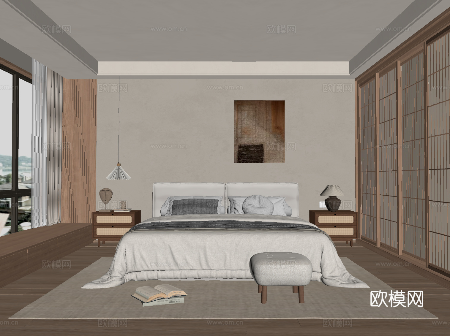中古风卧室 双人床 衣柜su模型