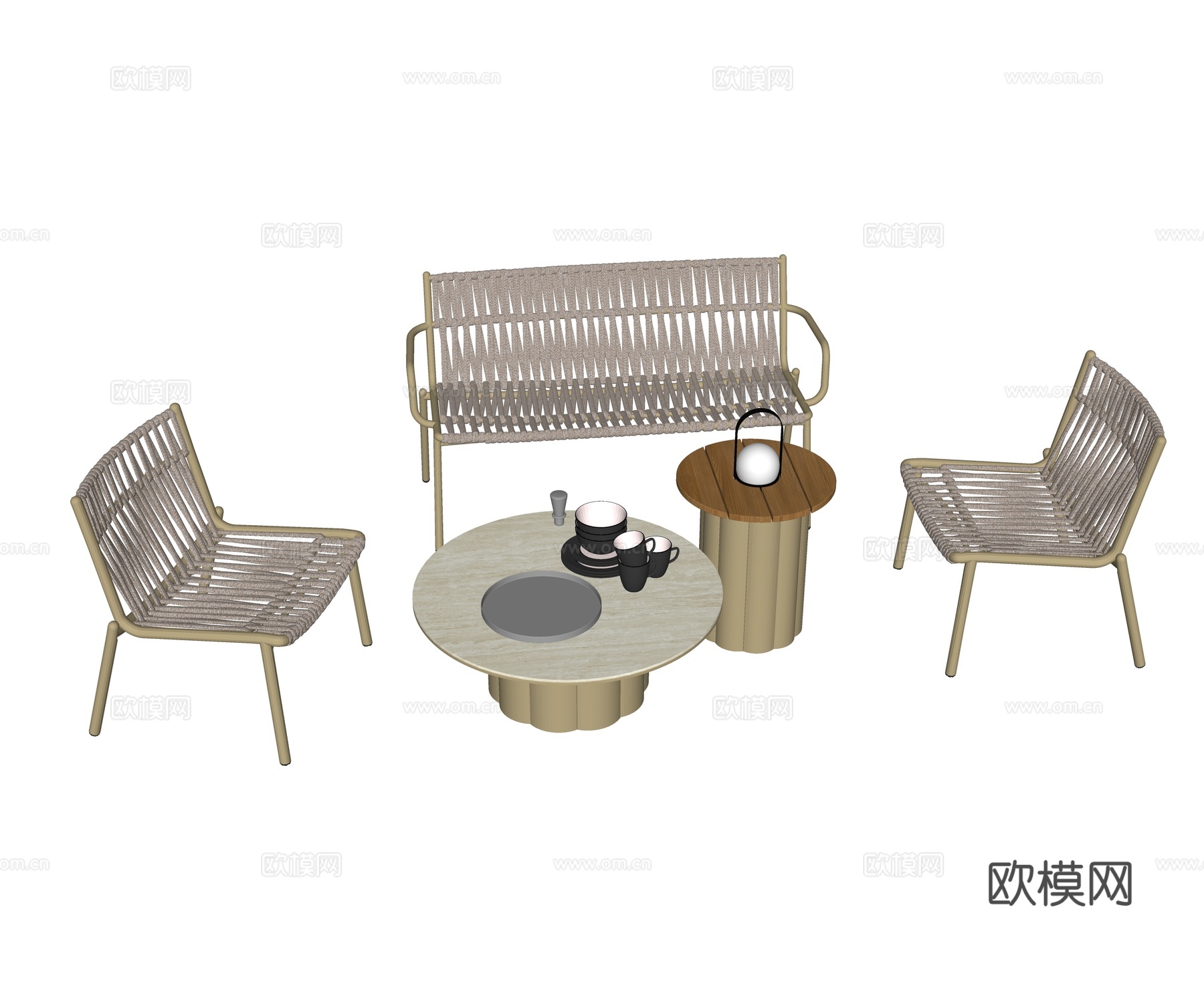 kun 现代庭院户外 休闲椅 双人 单人 圆形茶几 柚木茶几su模型